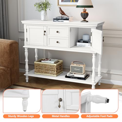 ARTPOWER Console Table with 2 Drawers, Retro Entryway Table with 2 Door Cabinets and Open Storage Shelf, Narrow Long Behind Couch Sofa Table for Living Room, Foyer, Hallway, White - color: White