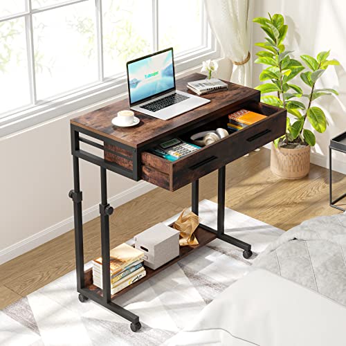 Tribesigns Portable Desk with Drawers, Mobile Laptop Desk with Wheels, Sofa Side Table Small Portable Standing Rolling Table for Home Office - color: Brown