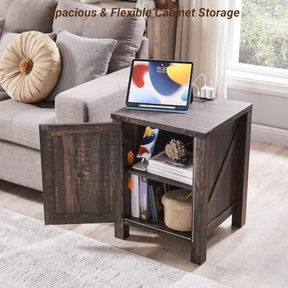 OKD 18" Farmhouse End Table Set of 2, Dark Rustic Oak | Rustic Nightstand, Charging Station, Barn Door, Adjustable Storage Shelf, Wood Sofa Side Table, Living Room, Bedroom - color: Dark Rustic Oak