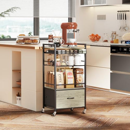 Coffee Bar Cabinet with Storage，5 Tier Coffee Station Table on Wheels, 33.6" H Cart with Drawer for Home Kitchen, Liquor Buffet Sideboard Cabinet (Black) - color: Black
