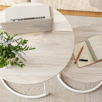 HOJINLINERO Round Coffee Table,Nesting Coffee Table Set of 2,Center Tables for Living Room,Office, Home Small Space,Stacking Side Tables,Sturdy and Easy Assembly,Wood Desktop,Oak+White,Large - color: Wh-oak, size: Large