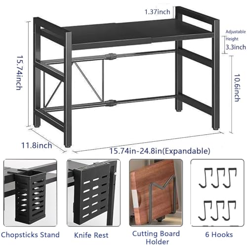 Extendable Microwave Oven Rack, 15.7~24.8" L Expandable Microwave Stand with Storage Shelf Heavy Duty with 6 Hooks and Chopsticks Cutting Board Holder for Kitchen Countertop - color: Black