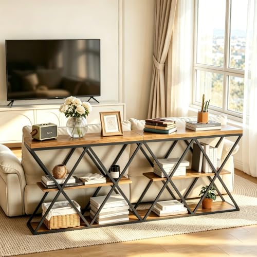 Garvee 3 Tier Console Table,39" Industrial Entryway Table,Open Wood Shelves | Sofa Table,Narrow Wood Accent Tables with Metal Frame for Hallway,Living Room,Behind Couch,Foyer,Entrance,Rustic Brown - color: Rustic Brown + X-shaped