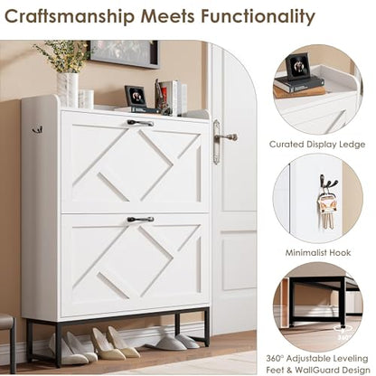 Nicetree Shoe Storage Cabinet with 2 Flip Drawers, Entryway Cabinet, White | Slim Shoe Cabinet with Metal Legs, Narrow Farmhouse Shoe Organizer for Entryway, Foyer, Hallway, Wood Shoe Rack with Hook - color: Alabaster