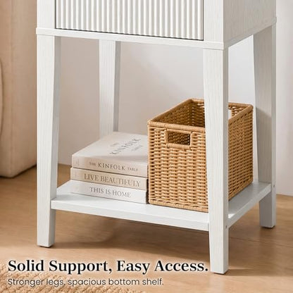 Modern Fluted Small Wood Nightstand, 11.8" Deep x 15.4" Narrow Bedside Table with Drawer & Open Shelf, Farmhouse Chic Accent Side Table for Bedroom & Sofa - White | Bright white tone, ribbed fluted front, 11.8-inch slim depth, concealed storage, clean fit