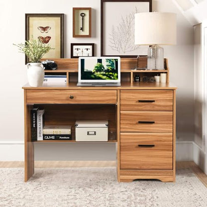 Catrimown Computer Desk with 4 Drawers and Hutch, Home Office Desk with File Drawer, 44” Rustic Oak Wood Desk, Study Table for Bedroom, Rustic Oak - color: Rustic Oak