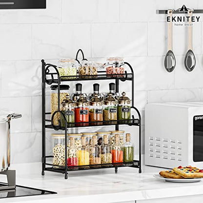 EKNITEY Bathroom Counter Organizer - 3 Tier Spice Rack(No Assembly) | Skincare Countertop Organizers, for Bathroom Kitchen Bedroom, Sturdy Metal Frame, Easy to Clean, Foldable, Black - color: Black