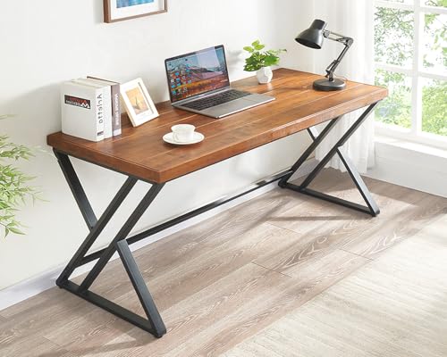 Solid Wood Computer Desk, Modern Real Wood Home Office Desk, Long Rustic Farmhouse Natural Wood Writing Desk, Executive Workstation PC Desk Table for Living Room Bedroom, Brown, 55 inch - size: 55 inch
