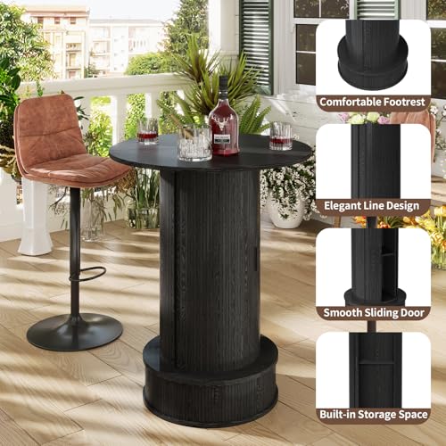 Round Bar Table with 2-Tier Hidden Storage, 38.1" H Wood High Top Table, Bistro Pub Table with Footrest, Cocktail Tables for Coffee Bar, Kitchen Dining Room, Small Space (Black) - color: Black