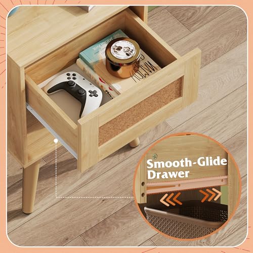WLIVE Rattan Nightstand with Charging Station, Boho Night Stand, Small Bedroom Side Table, End Table with Drawer and Storage, Wood Bedside Tables for Bedroom, Small Spaces, Natural Oak - color: Natural Oak+1pcs, style: Bohemian