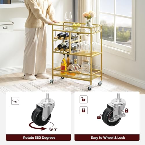 MAHANCRIS Bar Cart for Home, 3-Tier Serving Cart with Wheels and Handle, Beverage Cart with Wine Rack and Glass Holders, Rolling Wine Cart for Kitchen, Dining Room, Gold RCJ61B01 - size: 24.8''L x 11''W x 32''H