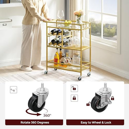 MAHANCRIS Bar Cart for Home, 3-Tier Serving Cart with Wheels and Handle, Beverage Cart with Wine Rack and Glass Holders, Rolling Wine Cart for Kitchen, Dining Room, Gold RCJ61B01 - size: 24.8''L x 11''W x 32''H