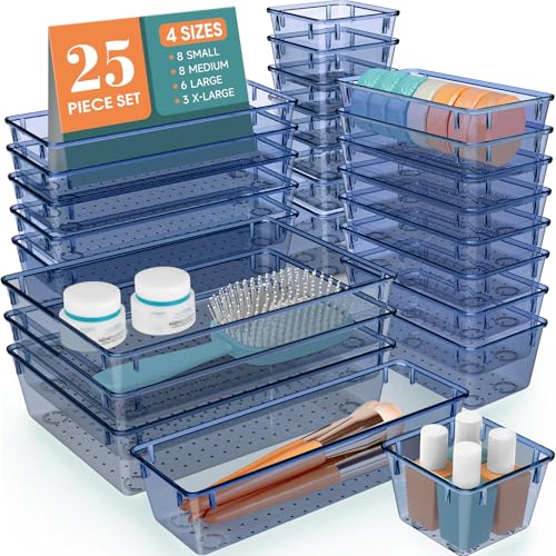 WOWBOX 25 PCS Plastic Drawer Organizer Set, 4 Sizes Desk Drawer Divider Organizers and Storage Bins for Makeup, Jewelry, Gadgets for Kitchen, Bedroom, Bathroom, Office, Clear Dark Blue - color: Clear Dark Blue