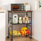SWTYMIKI Rolling Kitchen Microwave Cart - 3 Tier Microwave Table Stand with Storage Basket and Hooks, Kitchen Utility Cart on Wheels, Coffee Cart Shelf Rack Organizer for Living Room Office, Balcony - color: Brown