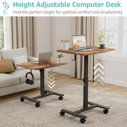 WINAZ Small Portable Laptop Rolling Desk - 24 Inch Mobile Computer Desk Adjustable Height on Wheels for Small Spaces, Couch Kids Desks End Side Table, Teacher Podium for Classroom, Rustic Brown - color: Brown