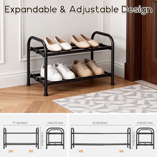 2-Tier Expandable Shoe Rack, Adjustable Shoe Shelf Storage Organizer Durable Metal Free Standing Shoe Rack for Entryway Closet Doorway (Black) - size: 2 Tier