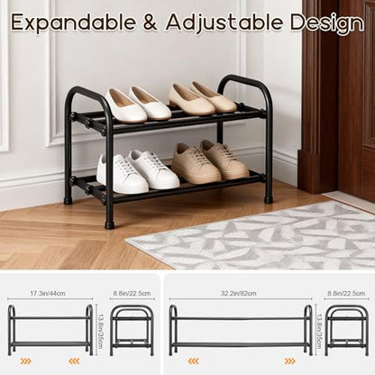 2-Tier Expandable Shoe Rack, Adjustable Shoe Shelf Storage Organizer Durable Metal Free Standing Shoe Rack for Entryway Closet Doorway (Black) - size: 2 Tier