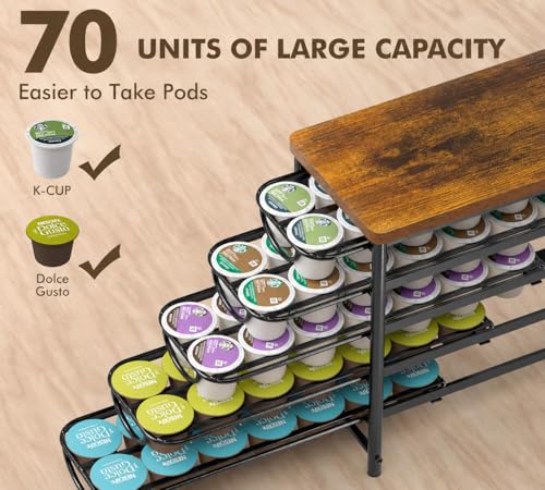 HFHOME Coffee Pod Holder with Wooden Top, Compatible with K-Cups, 5-Tier Coffee Capsule Storage Drawer, 70 Capacity Pods Organizer with 3 Mug Holders, for Home, Office, Kitchen Counter, Black - color: Black-70 Pod