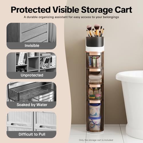 4-Drawer Narrow Slim Storage Cart, Rolling Cart With Drawers,PP Material Waterproof Moisture-Proof, Silent Wheels Top Rotatable Box, Transparent Drawers No Assembly, Bathroom Bedroom