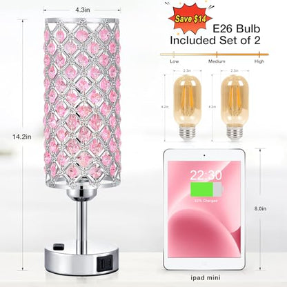 Hong-in Pink Crystal Lamp Set of 2, 3 Way Dimmable Touch Lamp for Bedroom with Crystal Shade, Bedside Nightstand Lamps for Living Room Bedroom Home Office - color: B-Pink