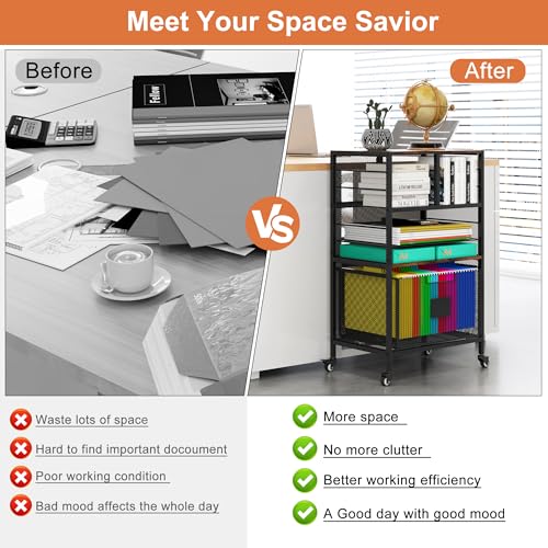 EasyPAG Rolling Cart with Storage Drawer, Under Desk Filling Cabinet with Mail Sorter, Pull Out Hanging File Rack for Letter Size Folders, Mobile Utility Craft Cart for Home Office, Black - size: Flexible Slots+1 Drawer