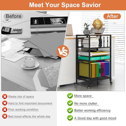 EasyPAG Rolling Cart with Storage Drawer, Under Desk Filling Cabinet with Mail Sorter, Pull Out Hanging File Rack for Letter Size Folders, Mobile Utility Craft Cart for Home Office, Black - size: Flexible Slots+1 Drawer