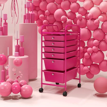 DREAMADE Rolling Cart with Storage Drawers, Utility Cart w/Removable Plastic Drawers, Lockable Wheels, Art Cart for Classroom Organization Art Supplies Office Scrapbook (6 Drawers, Hot Pink) - color: Hot Pink, style: 6 Drawers