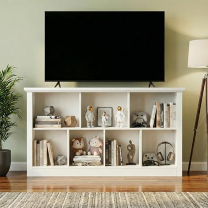 Unikito 7 Cube Storage Book Shelf - 47" Wide Wood Cube Storage Organizer, Wooden 2 Tiers Floor Standing Low Bookcase for Living Room, Bedroom, Home Office, Kids Room, Rustic White