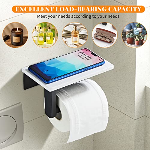 Matte Black Toilet Paper Holder with Shelf, 304 Stainless Steel Screw Wall Mounted, Marble Tissue Roll Holder with Storage - color: Matte Black