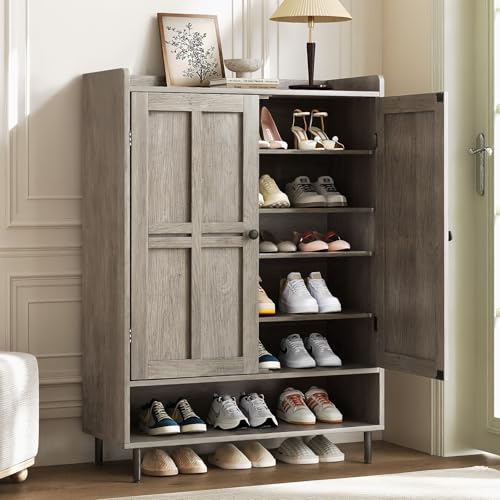 ComfyCorner Grey 7+1 Tier Farmhouse Shoe Storage Cabinet - 45" Tall Entryway Organizer with Cross Molding Doors, 3 Adjustable Shelves & Metal Legs, Shoe Rack for Front Door Entrance - color: Grey