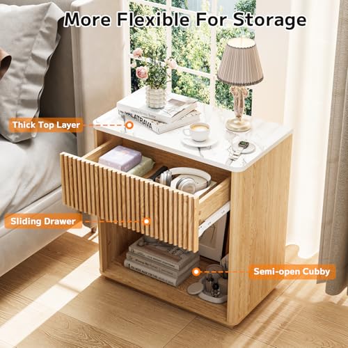 Modern Fluted Nightstand Set of 2 for Bedroom, Mid Century Bedside Table Set with Marble Top & Drawer, Wood End Table, 2 Farmhouse Night Stands for Guest Room, Hallway, Oak - color: Oak