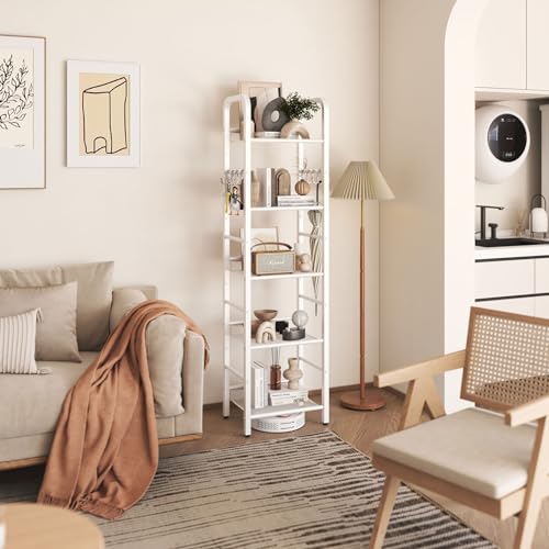YMYNY 5 Tier Bookshelf, Freestanding Bookcase for Living Room, Bedroom, Home Office, Multi-Functional Storage Rack Organizer, Display Rack with Metal Frame, Rust Resistance, White, UHBC055W - size: 5-Tier (10.43"x14.17"x57.48")