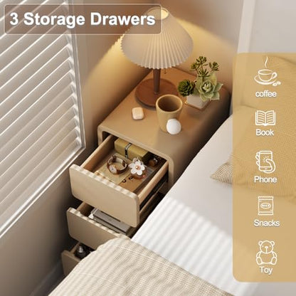 AQIMUELE Narrow Bedside Table,Narrow Night Stand with Drawers,Small Night Stand with Leather Surface for Bedroom - color: Beige (3 Drawers), size: 11.8"W
