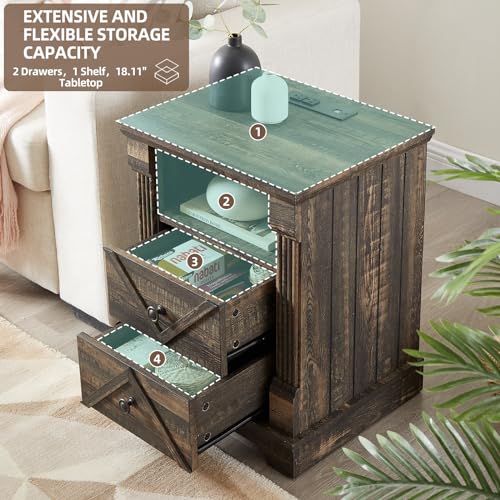 Minifeel Farmhouse Nightstand with Charging Station, 18" Wide 2 Drawer Night Stand, Barn Door Wood Bedside Table with Open Storage Shelf, Sofa Side End Tables with Roman Column for Bedroom, Dark Oak - color: Dark Rustic Oak