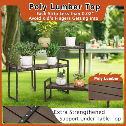Outdoor Plant Stand 3 Tier Shelf for Patio Flower Pot Planter Stand Holder with Wicker Poly Lumber Shelves Multiple Tall Tiered Plant Display Rack with Adjustable Feet Heavy Duty Stackable Brown