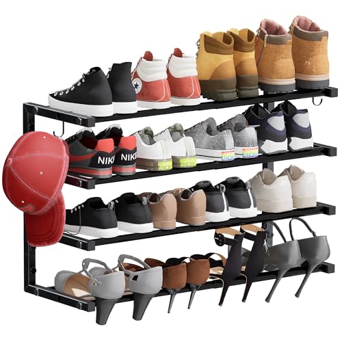 Wall Mounted Shoe Rack, 4 Tier Hanging Shoe Rack Holds 16 Pairs, 17"-30" Adjustable Heavy Duty Wall Shoe Shelf with 2 Storage Hooks, Space Saving for Closet Entryway, Black - color: Black, size: 1 Pack