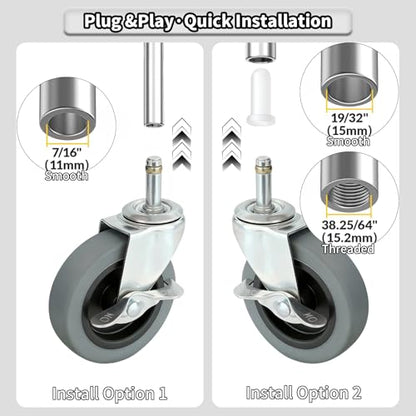 4 Inches Stem Caster Wheels,7/16-Inch Stem Diameter Rubber Casters Set of 4 with Side Brake,Heavy Duty TPR Replacement Wheels for Utility Cart Rubbermaid Mop Bucket Shop Vac Weber Grills - 4 Pack - style: 7/16"x1-3/8"(with brake)