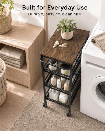 Pipishell Metal 4 Tier Laundry Storage Cart with Wheels, Handle & Wood Top | 10.83" Wide, Larger Storage Spaces, Rust-Resistant Steel, Ventilated Mesh, Anti-Fall Crossbars, 44 lbs Weight Capacity - size: 10.8 in
