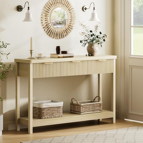 Fluted Console Table, 51 Inch Entryway Table with 3 Drawers | Scandi farmhouse look with quiet full-extension slides, open lower shelf, profile for hallway, entry, foyer or behind sofa. - color: Natural