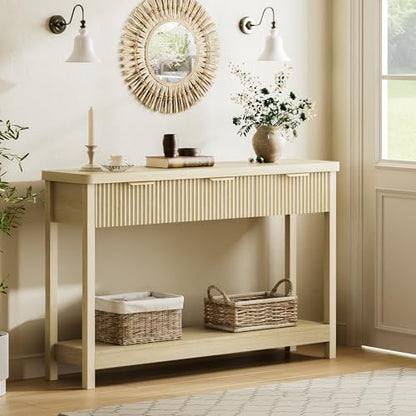 Fluted Console Table, 51 Inch Entryway Table with 3 Drawers | Scandi farmhouse look with quiet full-extension slides, open lower shelf, profile for hallway, entry, foyer or behind sofa. - color: Natural