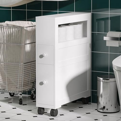 HOMCOM 6.25" x 20.5" x 28.25" Wood Rolling Narrow Bathroom Side Storage Cabinet - White - color: White