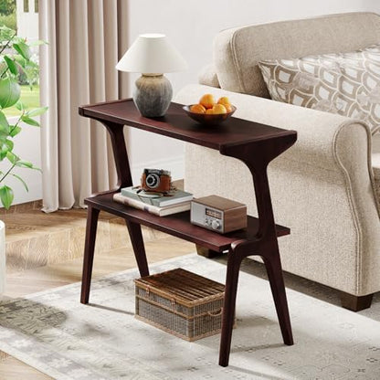 Tribesigns Solid Wood End Table, 2-Tier Farmhouse Side Table with Storage Shelves, Slim Side Table for Couch with Unique Legs, Long Bedside Table for Bedroom, Living Room, Burgundy - color: Burgundy