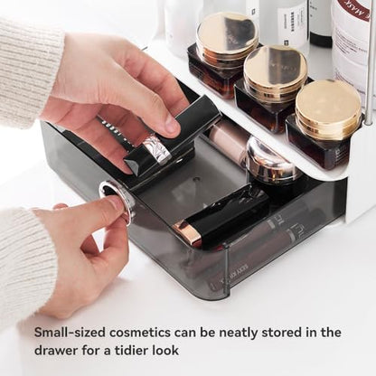 Small Vanity Organizer for Dresser & Countertop - Dorm & Home Office Makeup Storage (7.8"x5.9") with Metal Support, 2-Tier Design with Drawer for Skincare, Perfume, College & Apartment