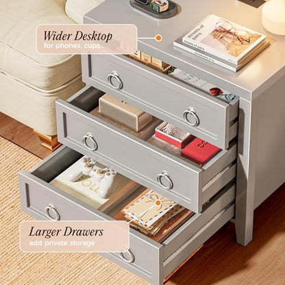 Huuger Paint Night Stand with Charger Station, 3 Drawer Nightstand Set of 2 | Larger Wider Bedside Table with USB-C Port, Modern End Table, for Bedroom, Living Room, Grey Nightstand - color: Grey