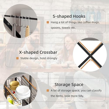 Shintenchi Kitchen Bakers Rack with Power Outlet, Multifunctional Organizer & Storage with 6 Hooks, Microwave Oven Stand, and Coffee Station Shelf, Grey - color: Gray