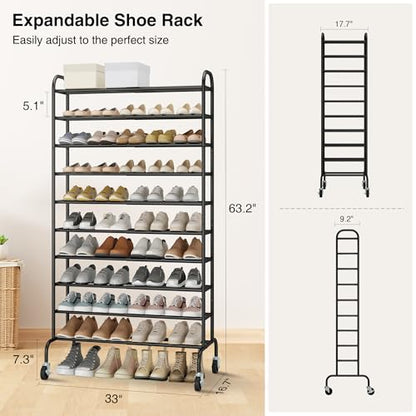 STO STO Expandable Shoe Rack, 10-Tier Metal Tall Shoe Rack for Garage, Up to 44 Pairs Adjustable Shoe Rack Storage for Front Door Entrance, Free Standing Shoe Rack Organizer for Entryway, Black - size: 10-Tier