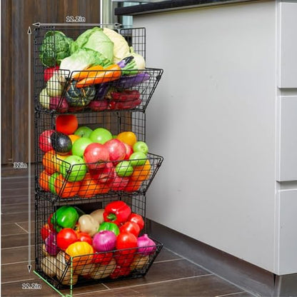 X-cosrack Metal Wire Basket Wall Mount, 3 Tier Wall Storage Basket Organizer with Hanging Hooks Chalkboards, Rustic Kitchen Fruit Produce Bin Rack Bathroom Tower Baskets (Black) - color: Black-3 Tiers