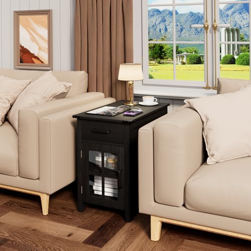 Farmhouse End Table with Charging Station, Narrow Side Table for Living Room, Sofa Side Table with Drawer and Storage Cabinet, Small Nightstand for Bedroom, Home Office - color: Black