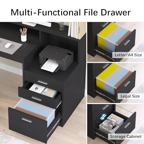 YOMILUVE Computer Desk with 3 Drawer & Storage Shelves, Home Office Desk with File Drawer & Cabinet, Writing Study Table with Long Monitor Stand & Printer Shelf, Executive Desk, Black - color: Black