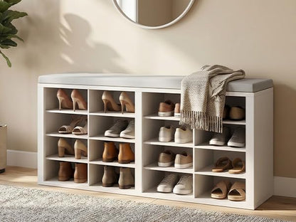 AMONIDA Shoe Storage Bench with Cushion, Entryway Bench with 16 Cubbies, 4-Tier Organizer Bench with Removable Dividers for Hallway Living Room - color: White + Light Grey